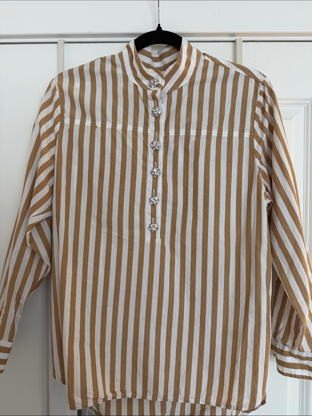 J. Crew White and Tan Striped Mandarin Collar Blouse